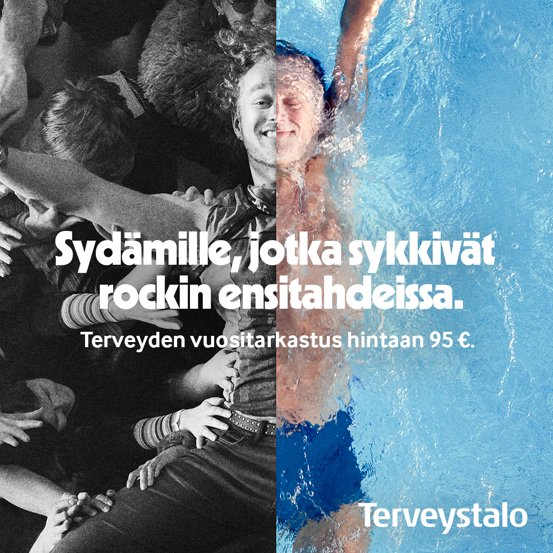 Vasemmalla mustavalkoinen halaava yleisö, oikealla uima-allas; teksti Sydämille... Terveyden vuositarkastus 95 €. Terveystalo