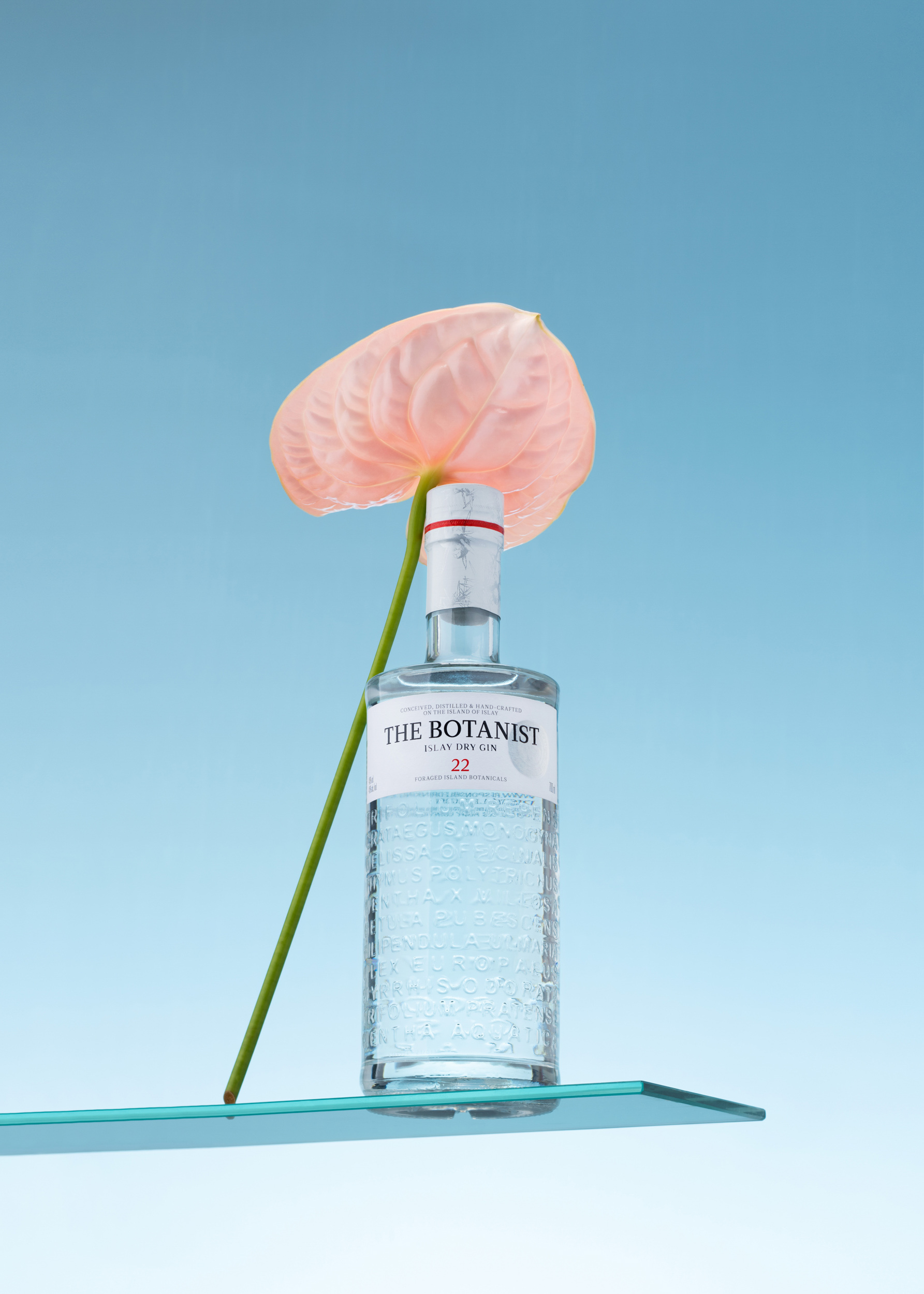 Pullo The Botanist Islay Dry Gin, päällä vaaleanpunainen anthurium-kukka, taustalla kirkas sininen taivas.